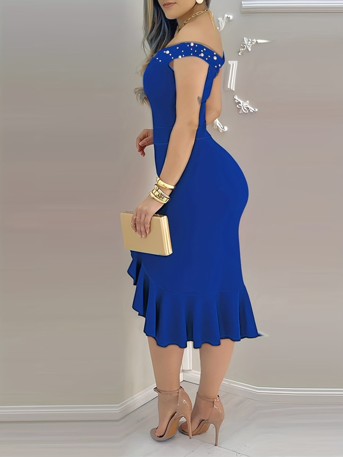 Solid Ruffle Hem Beading Trim Off Shoulder Tunic Dress, Sexy Party Bodycon Dresses, Women's Clothing For Party Dressing