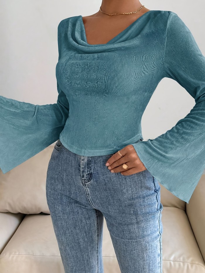 Vibrant Solid Color Slim Fit Flare Sleeve T-Shirt - Elegant Cowl Neck Design, Soft and Breathable Fabric, Perfect for Spring and Fall Season, Women's Clothing, Casual and Chic Top for Everyday Wear