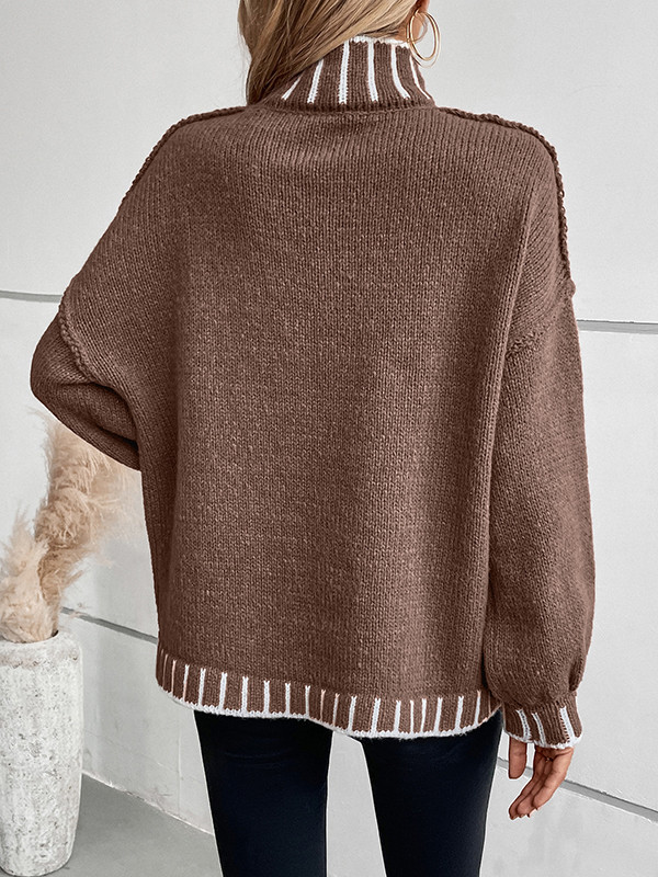 Long Sleeves Loose Contrast Color Split-Joint High Neck Pullovers Sweater Tops