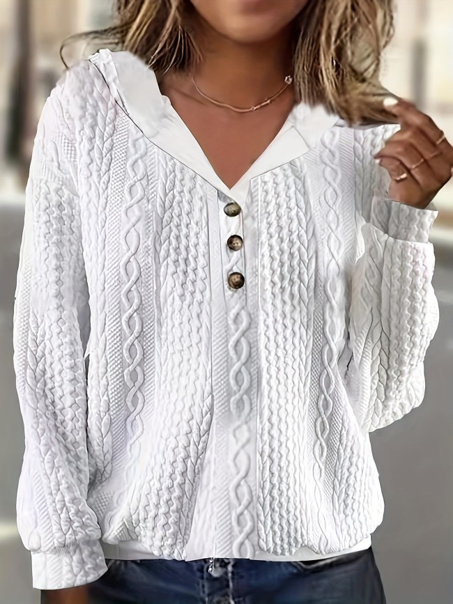 Plus Size Casual Sweatshirt, Women's Plus Solid Jacquard Long Sleeve Henley Hooded Sweatshirt