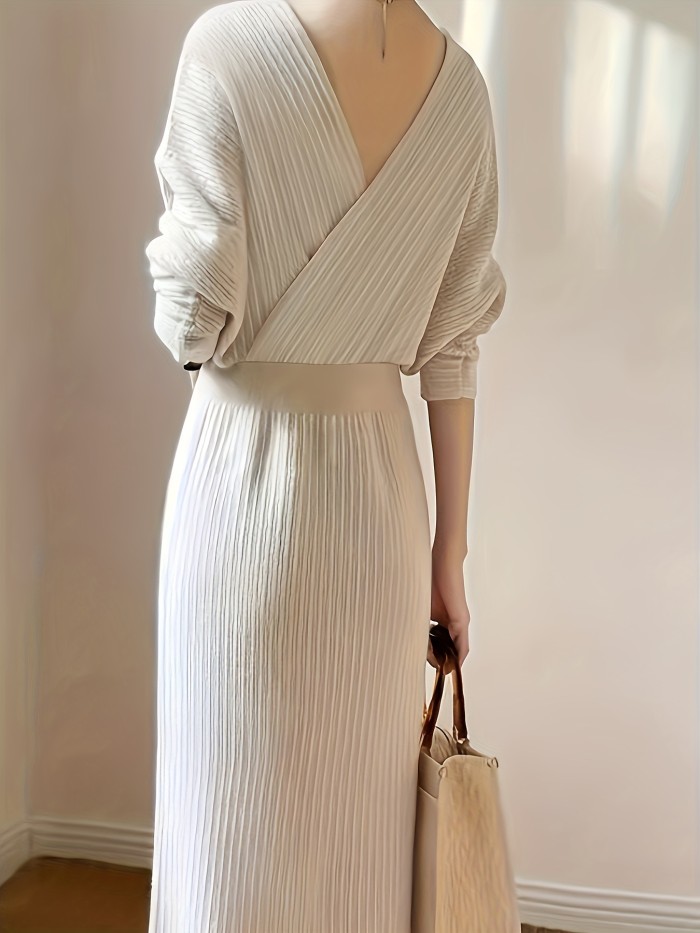 Cozy Surplice Neck Knitted Midi Dress - Soft, Elegant, Solid Color, Long Sleeve, Fall & Winter Essential - Women's Clothing for Chic Everyday Wear