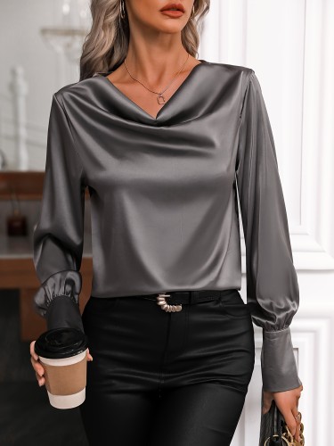 Elegant Spring\u002FAutumn Cowl Neck Tunic Blouse, Long Sleeve, Easy-Care, Sophisticated Women's Top