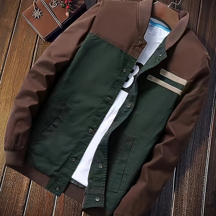 Retro Color Block Vintage Jacket, Men's Casual Jacket Coat College Hipster Windbreaker For Spring Fall