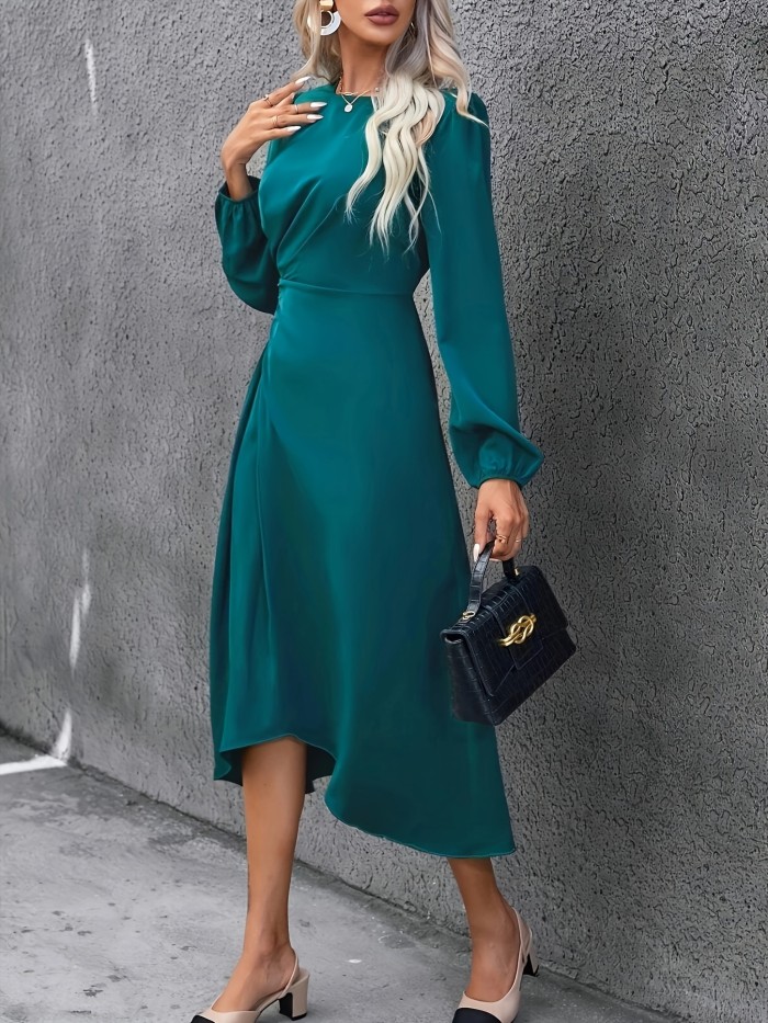 Ruched Asymmetrical Hem Crew Neck Dress, Elegant Cinched Waist Long Sleeve Dress For Spring & Fall, Women's Clothing