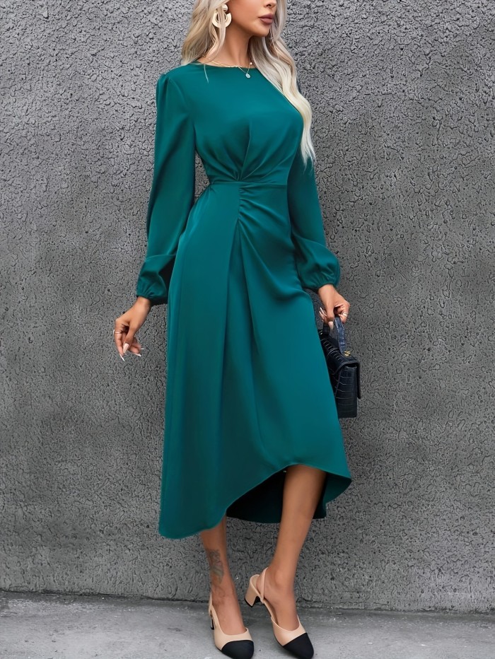 Ruched Asymmetrical Hem Crew Neck Dress, Elegant Cinched Waist Long Sleeve Dress For Spring & Fall, Women's Clothing