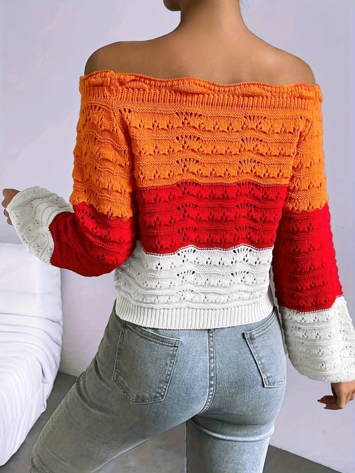 Off Shoulder Pullover Sweater, Casual Lantern Long Sleeve Color Block Lettuce Trim Eyelet Embroidered Sweater For Spring & Fall, Women's Clothing