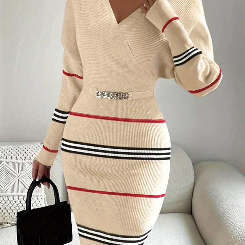 Chic Striped Bodycon Dress - Elegant Surplice Neck, Long Sleeve, Backless Chain Decor, Stretchy Fabric, Fall & Winter Essential, Women's Clothing for Fashionistas