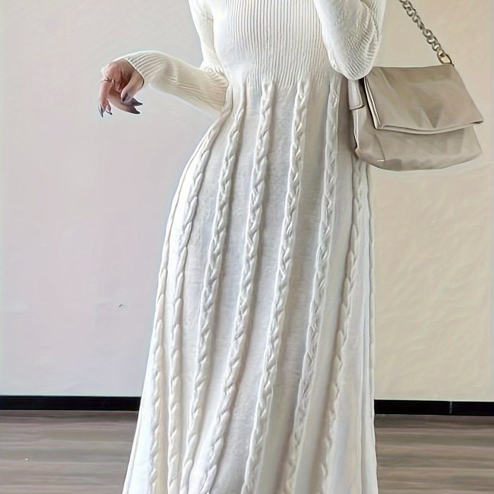 Cozy Cable Knit Mock Neck Sweater Dress - Soft, Elegant, Long Sleeve, Slim Fit, Knitted Dress for Fall & Winter - Women's Comfortable Clothing for Casual Daily Wear