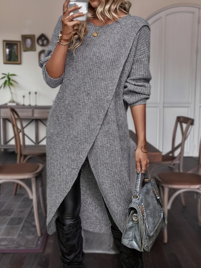 Womens Chic Solid Knit Crew Neck Dress - Soft Asymmetric Hem with Long Sleeves - Versatile Casual Style