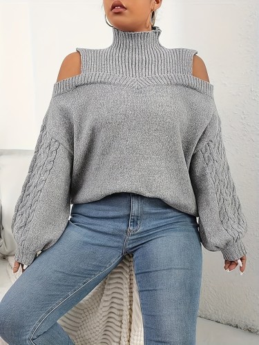 Cold Shoulder Lantern Sleeve Sweater, Stylish Turtle Neck Cable Knit Sweater For Winter & Fall, Women's Clothing