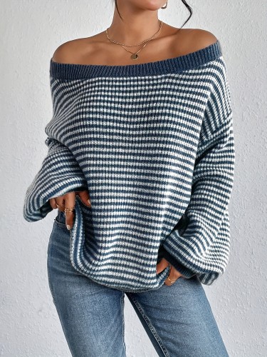 Women's Autumn And Winter Fashion One Neck Strapless Knit Sweater Clashing Stripes Lantern Sleeve Sweater