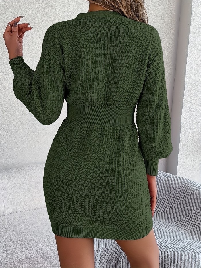 Cable Knit Sweater Dress, Casual V Neck Long Sleeve Dress, Women's Clothing