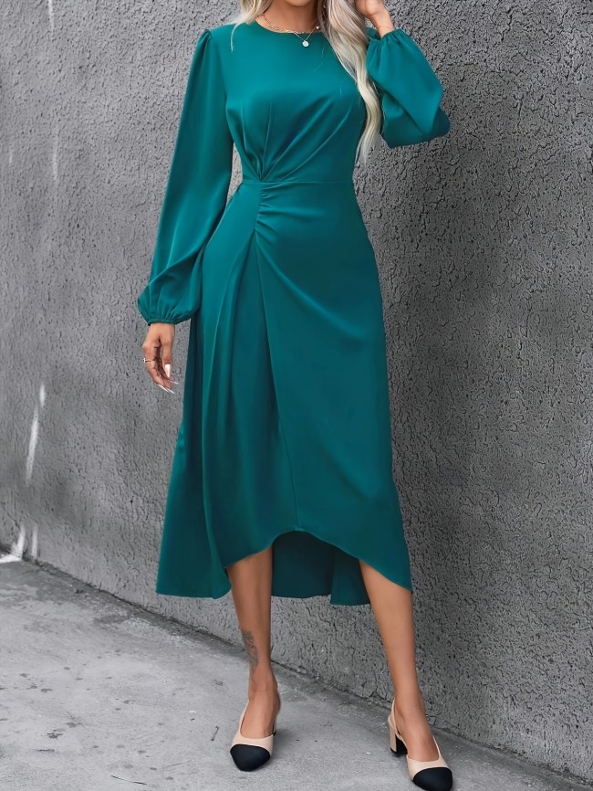 Ruched Asymmetrical Hem Crew Neck Dress, Elegant Cinched Waist Long Sleeve Dress For Spring & Fall, Women's Clothing