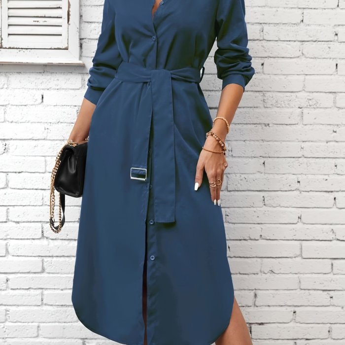 Elegant Solid Color Button-Up Shirt Dress with Belt - Long Sleeve, Mid-Length, Polyester - Machine Washable - Perfect for Spring & Fall