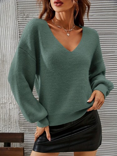 Drop Shoulder Lantern Sleeve Sweater, Casual Solid Color V Neck Sweater For Winter & Fall, Women's Clothing
