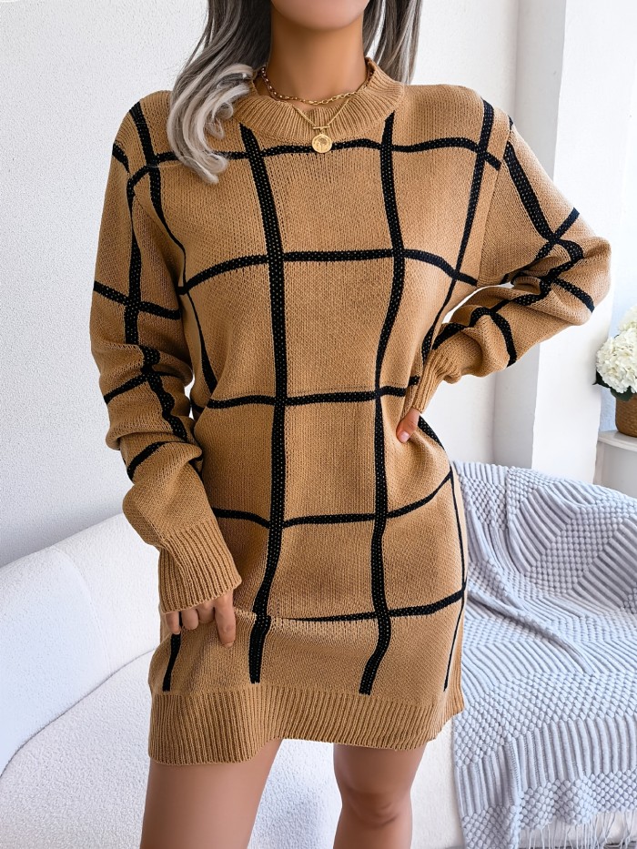 Color Block Plaid Round Neck Long Sleeve Sweater Dress, Bag Hip Casual Bodycon Loose Dress, Women's Clothing