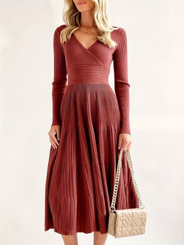 Cozy Long Sleeve Midi Sweater Dress - Women's Sweater Dress with V Neck, Pleated A Line Fit, Flare Elegant Knit, Maxi Style for Chic Winter Look