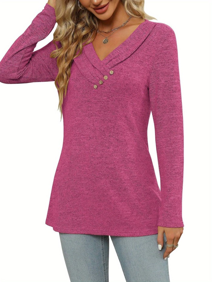 Tooluck Women's Tops Fall Women's Casual Solid Color Cross V-Neck Button Long Sleeve Classic Pink Top