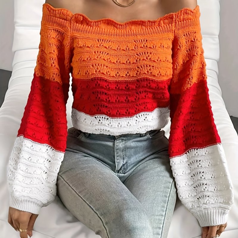 Off Shoulder Pullover Sweater, Casual Lantern Long Sleeve Color Block Lettuce Trim Eyelet Embroidered Sweater For Spring & Fall, Women's Clothing