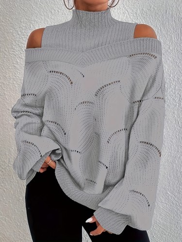 Cozy Solid Eyelet Turtle Neck Pullover Sweater - Soft, Casual, Cold Shoulder, Lantern Sleeve, Loose Fit, Winter Warmth, Womens Clothing, Everyday Wear