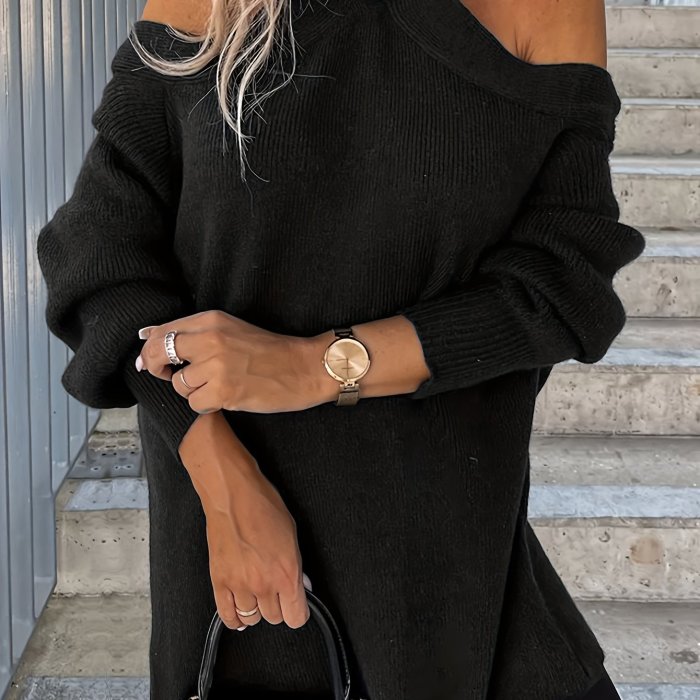 Plus Size Casual Sweater, Women's Plus Solid Lantern Sleeve Cold Shoulder Jumper