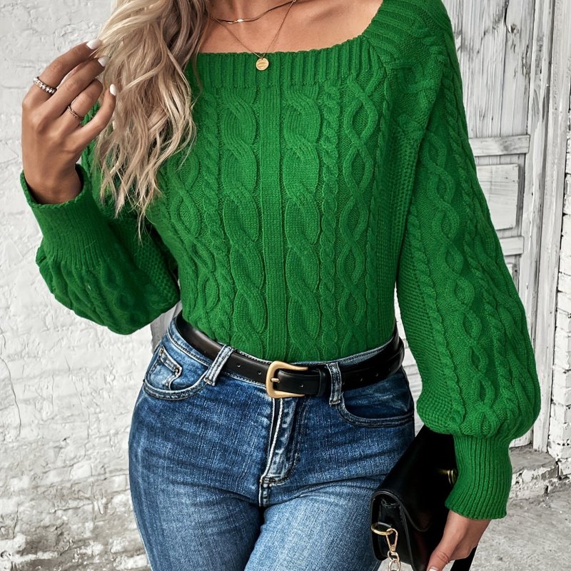 Solid Square Neck Cable Knit Sweater, Casual Lantern Sleeve Sweater, Women's Clothing