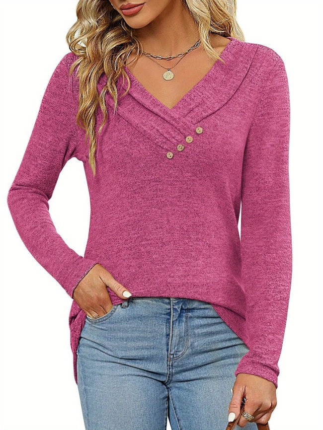 Tooluck Women's Tops Fall Women's Casual Solid Color Cross V-Neck Button Long Sleeve Classic Pink Top