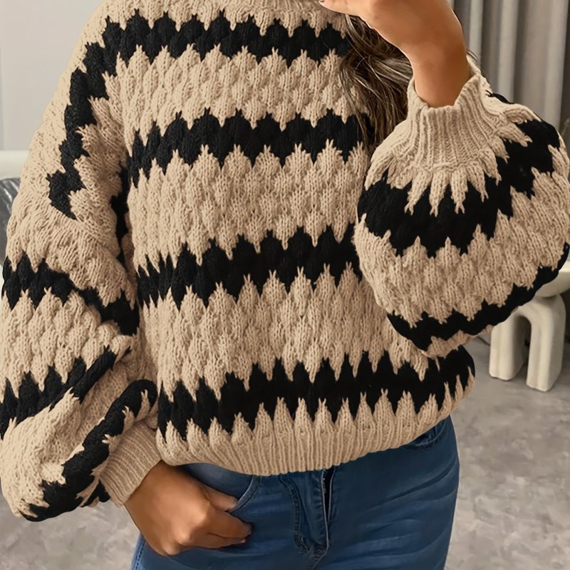 Women's Autumn And Winter Striped Color-matching Sweater Oversized Lantern Sleeve Collar Chunky Twist Knitted Pullover