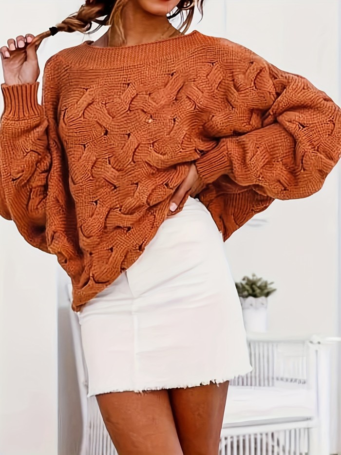 Solid Off Shoulder Pullover Sweater, Casual Lantern Sleeve Sweater For Fall & Winter, Women's Clothing