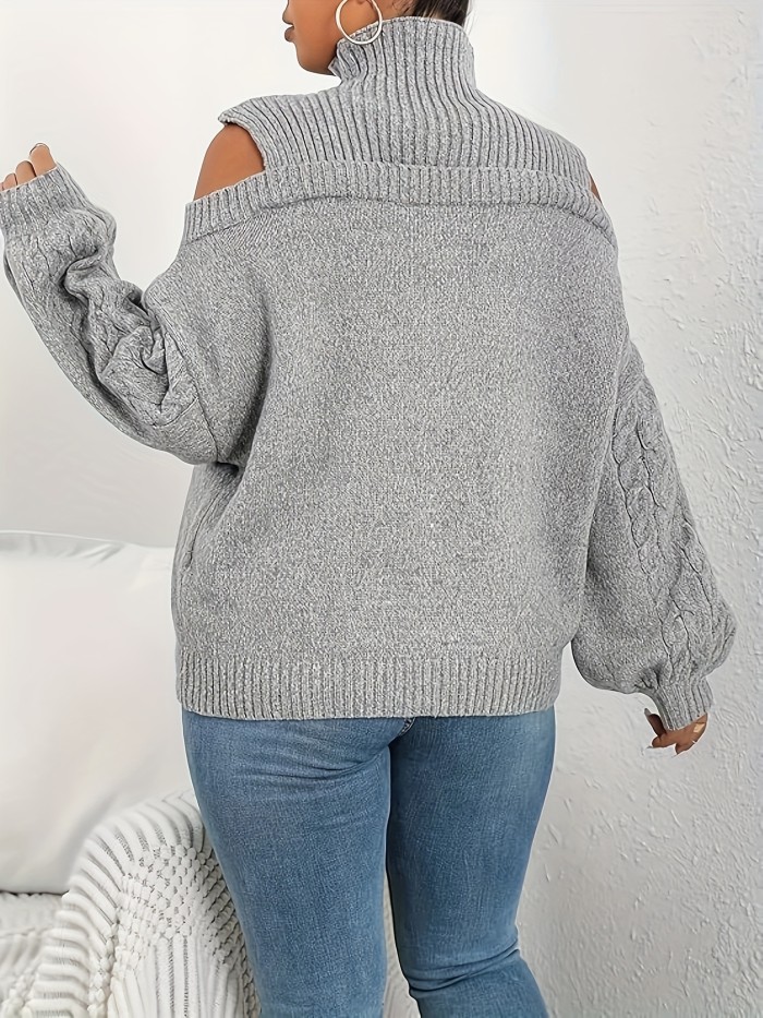 Cold Shoulder Lantern Sleeve Sweater, Stylish Turtle Neck Cable Knit Sweater For Winter & Fall, Women's Clothing