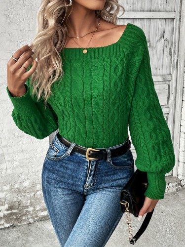 Solid Square Neck Cable Knit Sweater, Casual Lantern Sleeve Sweater, Women's Clothing