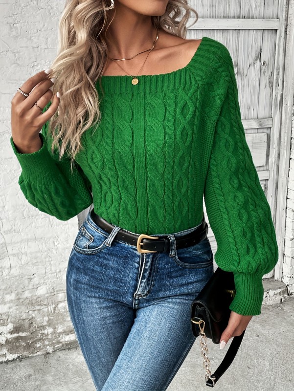 Solid Square Neck Cable Knit Sweater, Casual Lantern Sleeve Sweater, Women's Clothing