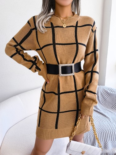 Color Block Plaid Round Neck Long Sleeve Sweater Dress, Bag Hip Casual Bodycon Loose Dress, Women's Clothing