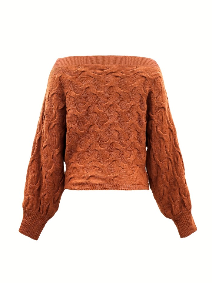 Solid Off Shoulder Pullover Sweater, Casual Lantern Sleeve Sweater For Fall & Winter, Women's Clothing