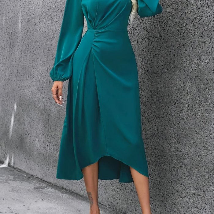 Ruched Asymmetrical Hem Crew Neck Dress, Elegant Cinched Waist Long Sleeve Dress For Spring & Fall, Women's Clothing