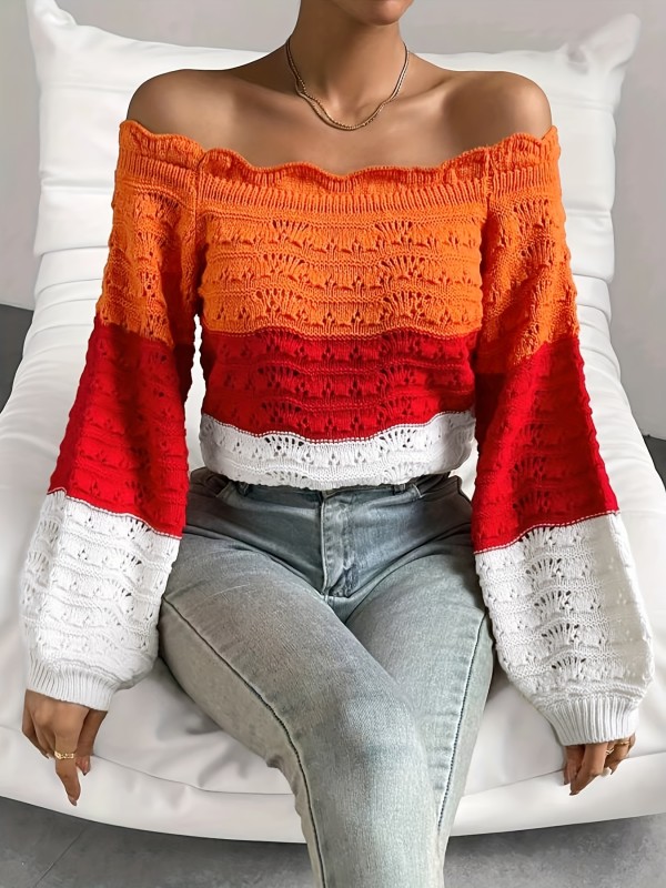 Off Shoulder Pullover Sweater, Casual Lantern Long Sleeve Color Block Lettuce Trim Eyelet Embroidered Sweater For Spring & Fall, Women's Clothing