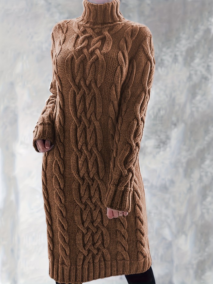 Turtleneck Cable Knit Sweater Dress, Elegant Solid Long Sleeve Dress, Women's Clothing