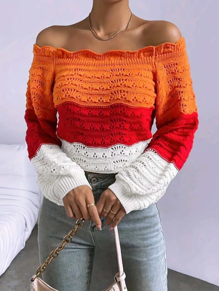 Off Shoulder Pullover Sweater, Casual Lantern Long Sleeve Color Block Lettuce Trim Eyelet Embroidered Sweater For Spring & Fall, Women's Clothing