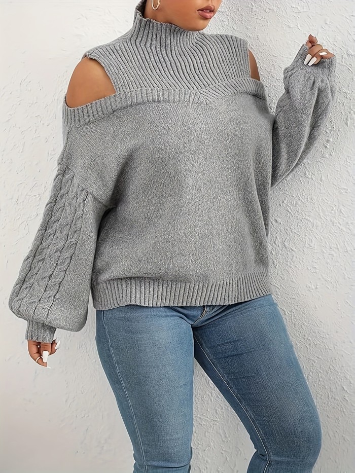 Cold Shoulder Lantern Sleeve Sweater, Stylish Turtle Neck Cable Knit Sweater For Winter & Fall, Women's Clothing