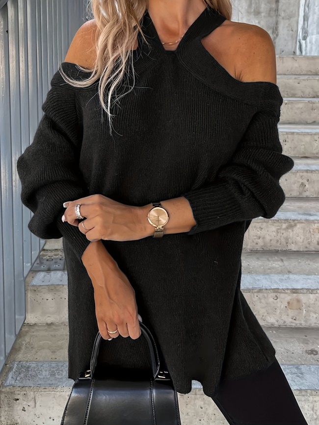 Plus Size Casual Sweater, Women's Plus Solid Lantern Sleeve Cold Shoulder Jumper