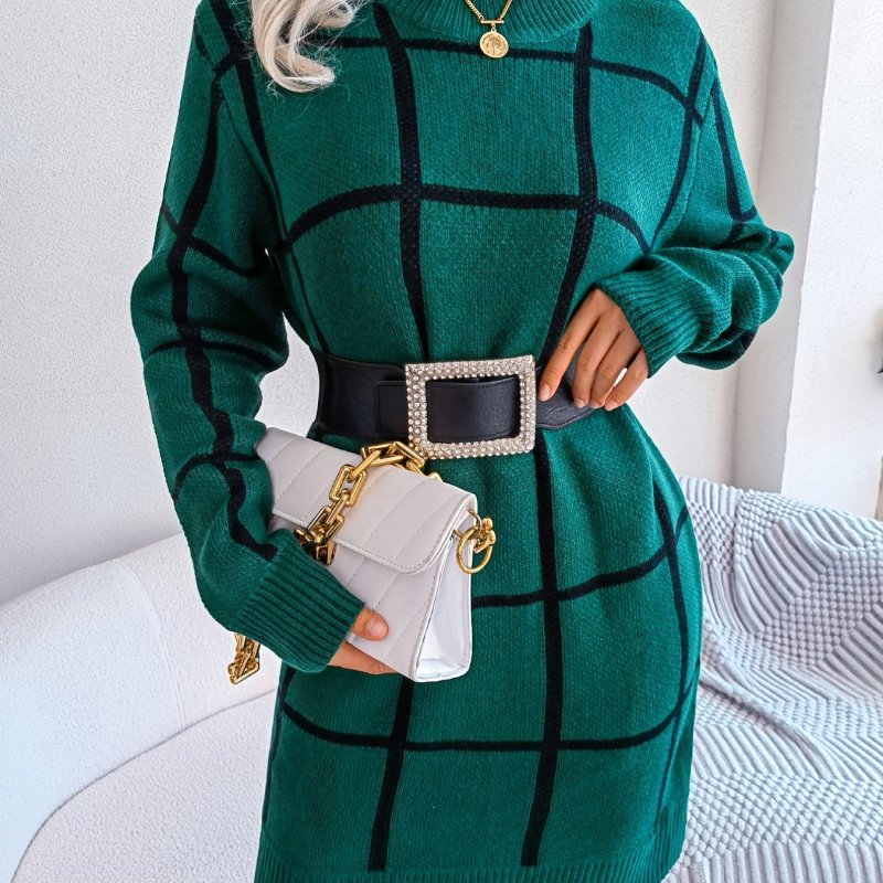 Color Block Plaid Round Neck Long Sleeve Sweater Dress, Bag Hip Casual Bodycon Loose Dress, Women's Clothing