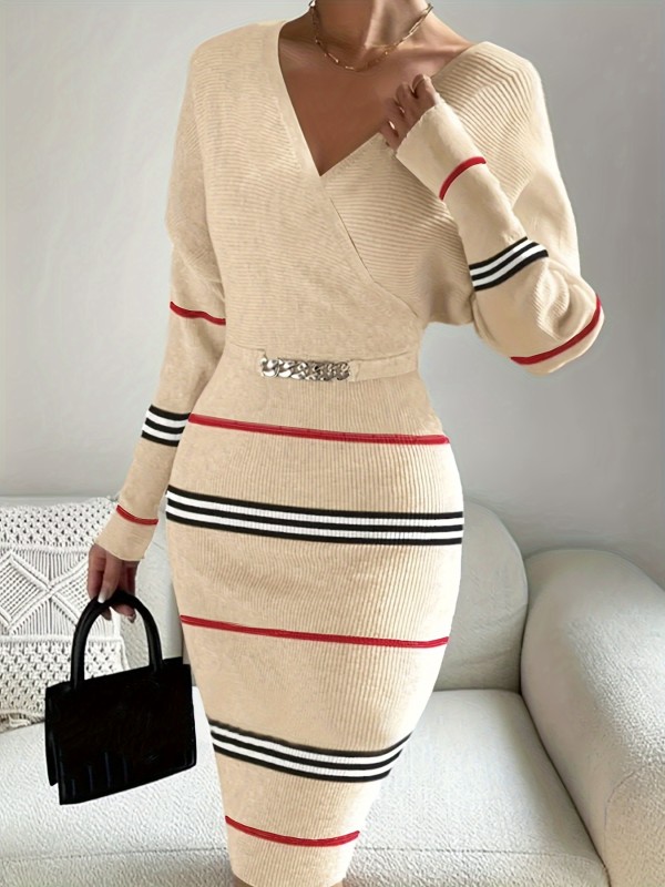 Chic Striped Bodycon Dress - Elegant Surplice Neck, Long Sleeve, Backless Chain Decor, Stretchy Fabric, Fall & Winter Essential, Women's Clothing for Fashionistas