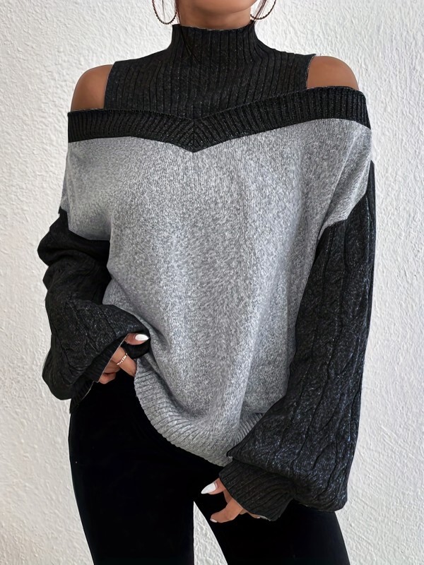 Color Block Cold Shoulder Sweater, Elegant Turtleneck Lantern Sleeve Sweater, Women's Clothing