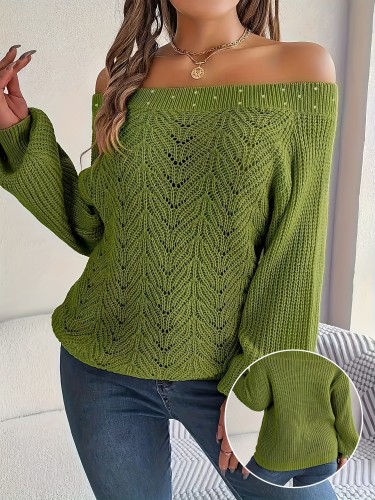 Solid Off Shoulder Pointelle Knit Sweater, Elegant Lantern Sleeve Loose Pullover Sweater, Women's Clothing