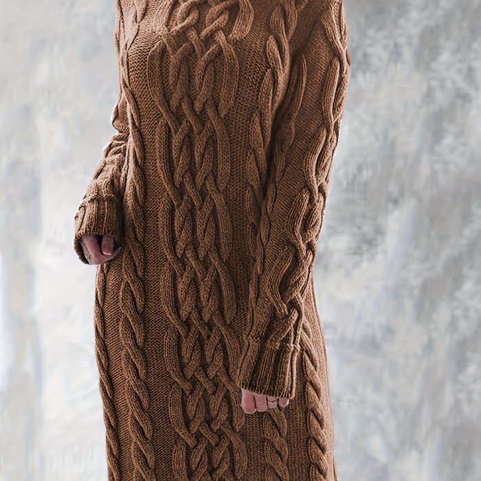 Turtleneck Cable Knit Sweater Dress, Elegant Solid Long Sleeve Dress, Women's Clothing