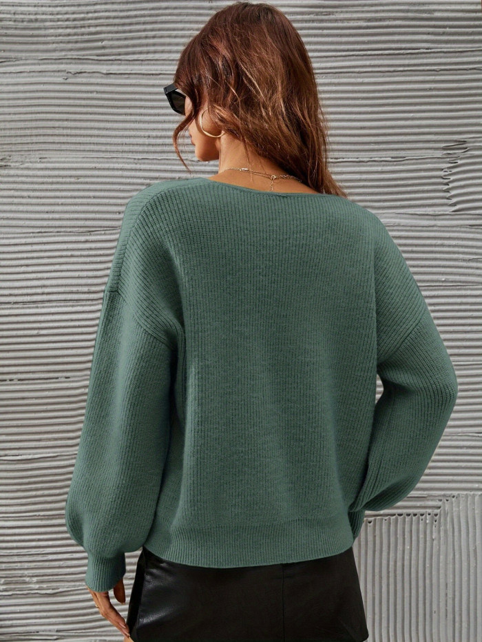 Drop Shoulder Lantern Sleeve Sweater, Casual Solid Color V Neck Sweater For Winter & Fall, Women's Clothing