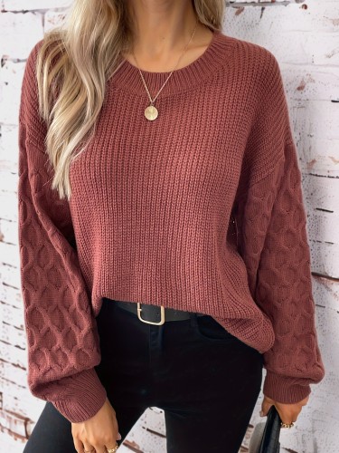 Elegant All-Season Crew Neck Knit Sweater - Cozy Women's Pullover with Chic Geometric Lantern Sleeves & High Stretch Fabric
