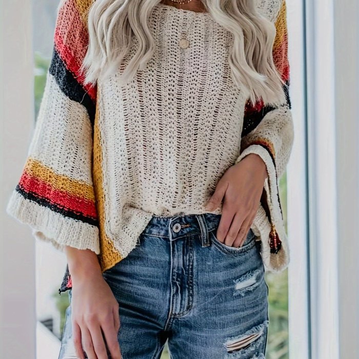Women's Fall Winter Color Block Off-Shoulder Batwing Sleeve Hollow Knit Sweater, Fashion Casual Pullover