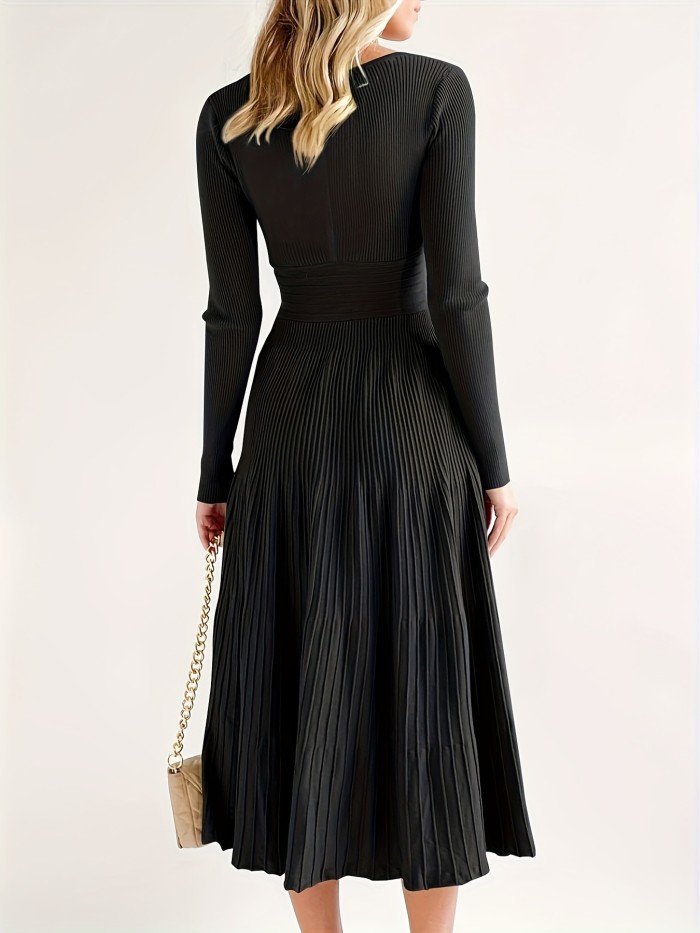 Cozy Long Sleeve Midi Sweater Dress - Women's Sweater Dress with V Neck, Pleated A Line Fit, Flare Elegant Knit, Maxi Style for Chic Winter Look