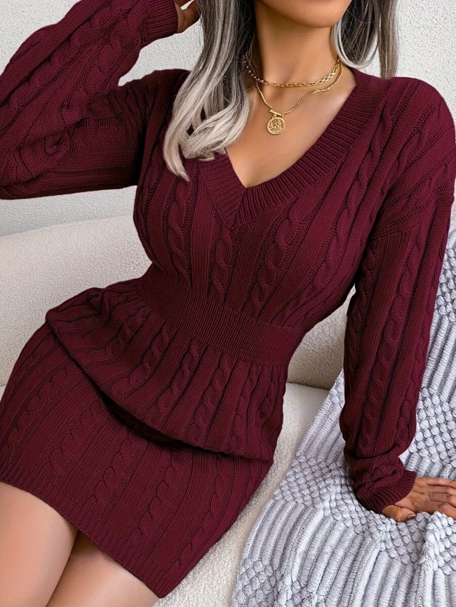 V Neck Knitted Sweater Dress - Elegant, Solid-Colored, Long Sleeve, Drop Shoulder, Polyester, Hand Washable, Knit Fabric, Middle East Inspired, Womens Clothing
